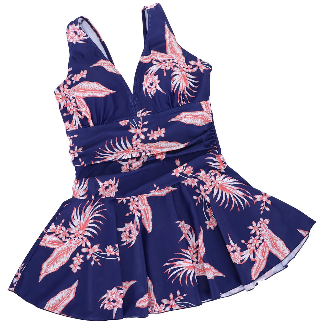 Plus-Size Flower Printing One Piece Swim Dress Tummy Control Swimsuit M141729