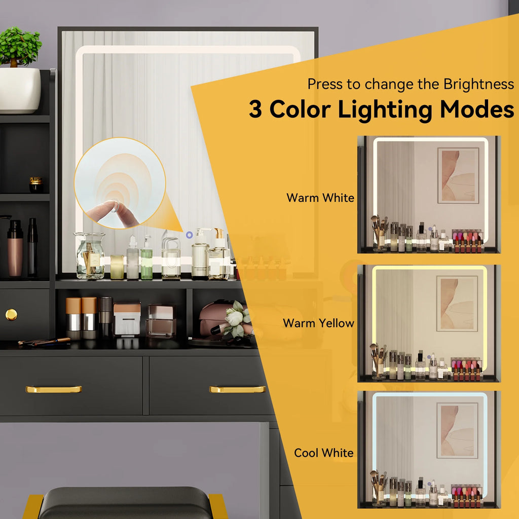 Black Makeup Vanity with Mirror, Lights and Drawers O128800