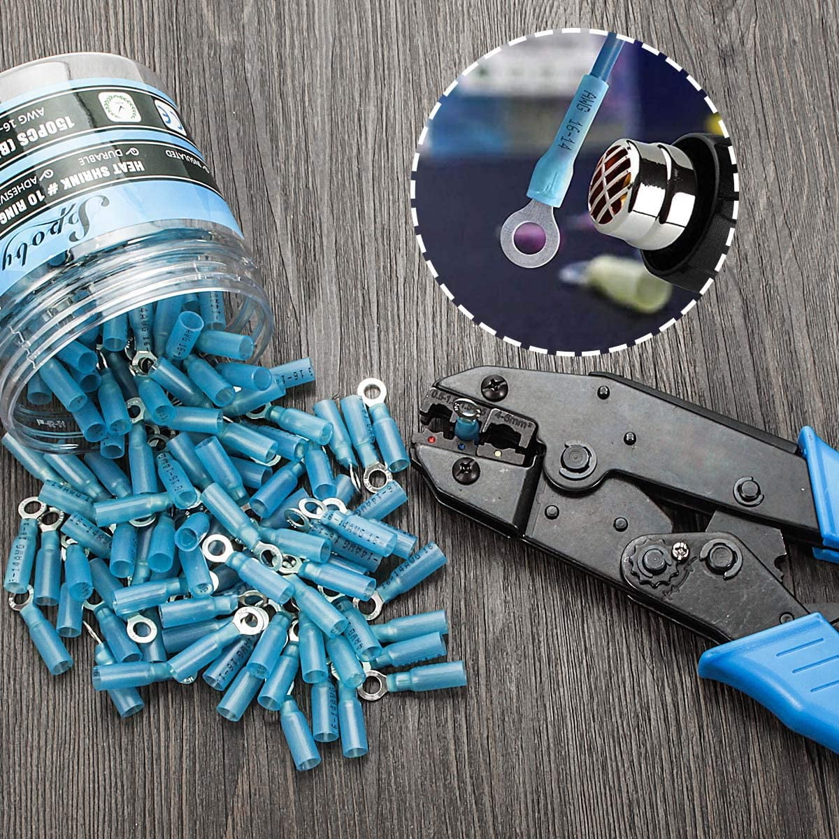 150PCS Heat Shrink Crimp Ring Connectors #10 Blue 16-14 AWG Q72818