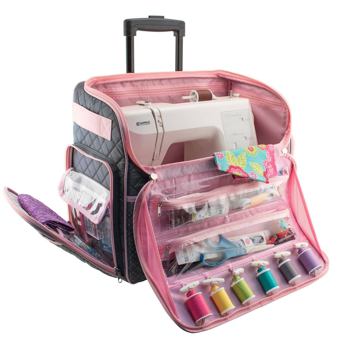 Pink Grey Quilted Rolling Sewing Machine Tote B19705