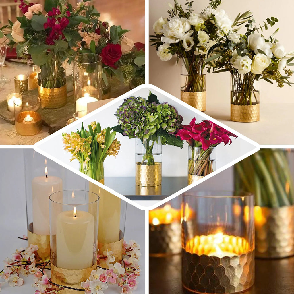 Set of 3 Glass Cylinder Vases with Gold Honeycomb Base W42653