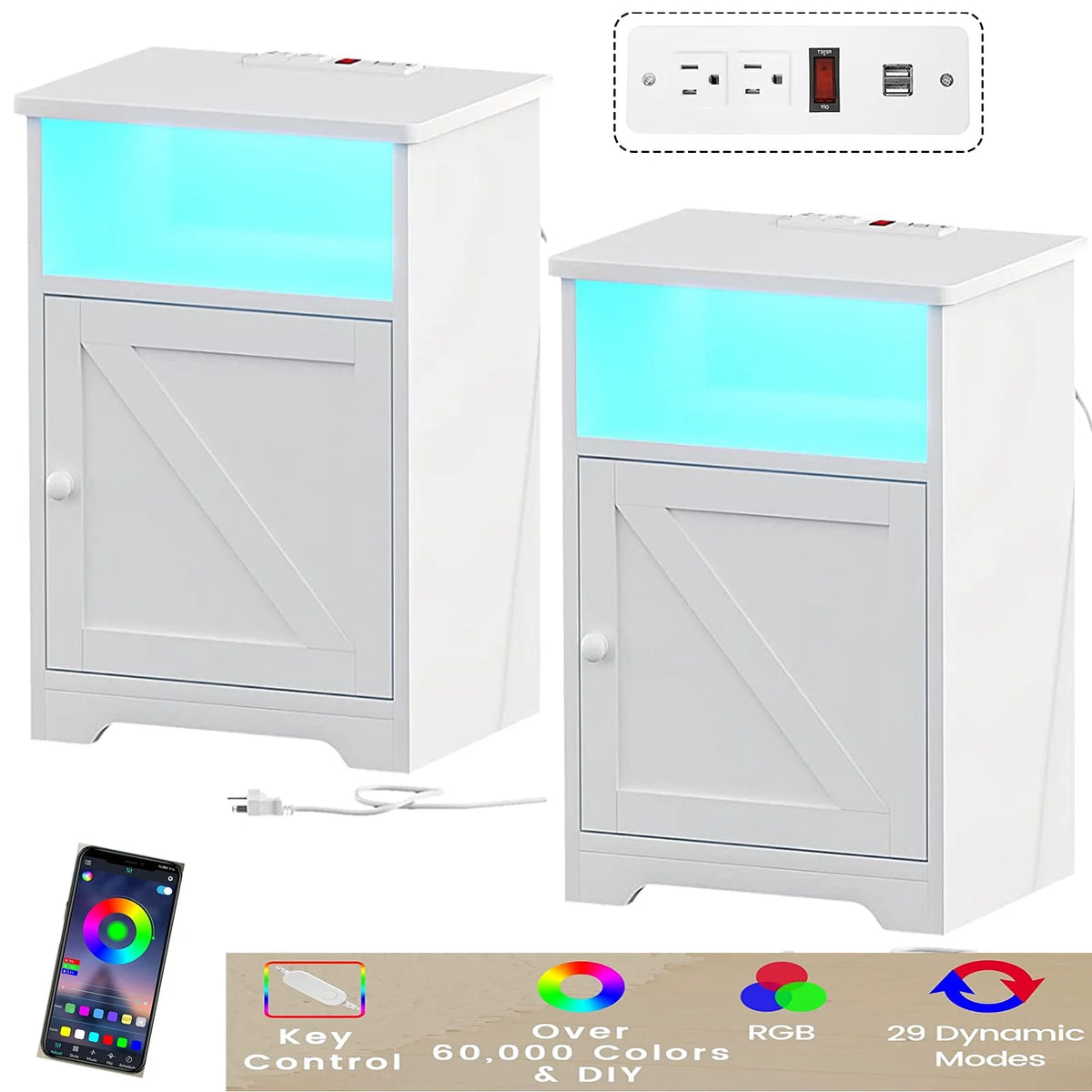 Black Set of 2 Nightstand with Outlets USB Ports LED Lights and 2 Fabric Drawers B529