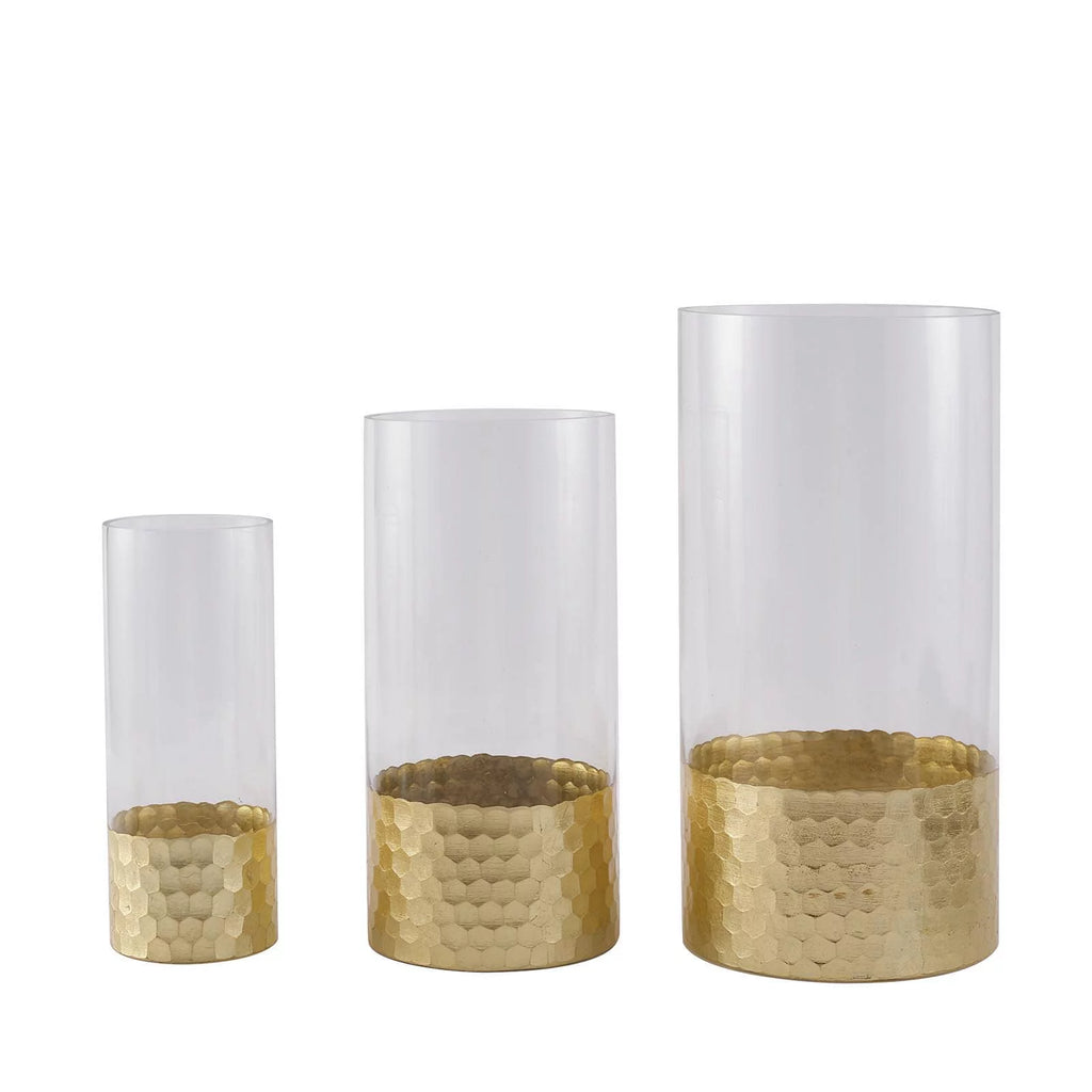 Set of 3 Glass Cylinder Vases with Gold Honeycomb Base W42653