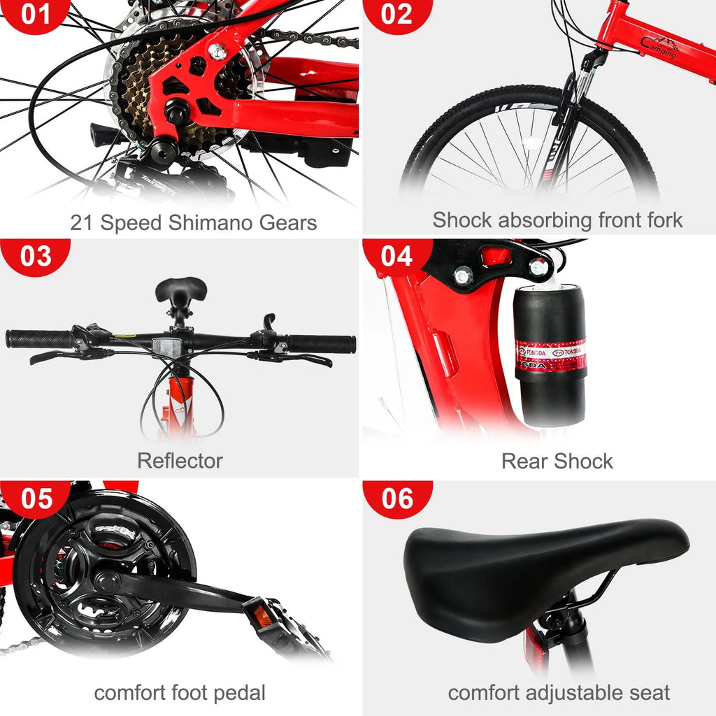 Folding Mountain Bike 21-Speed 26 inch Wheels Red O47706