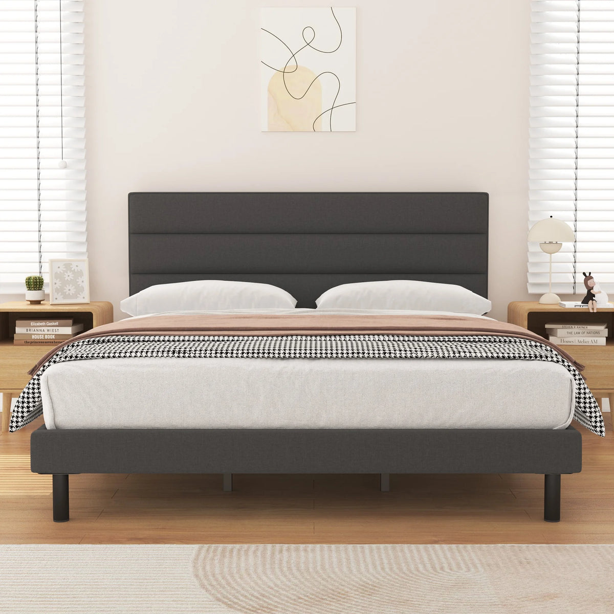 Queen Size Wingback Fabric Upholstered Platform Bed Frame M775