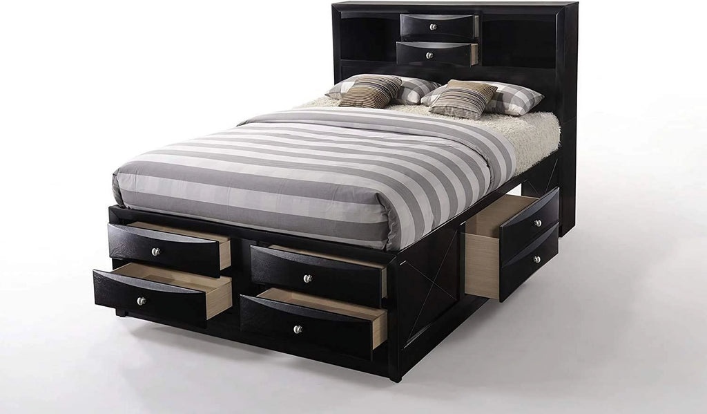 Queen Size Bed with Storage and Headboard Bookcase in Black A401512