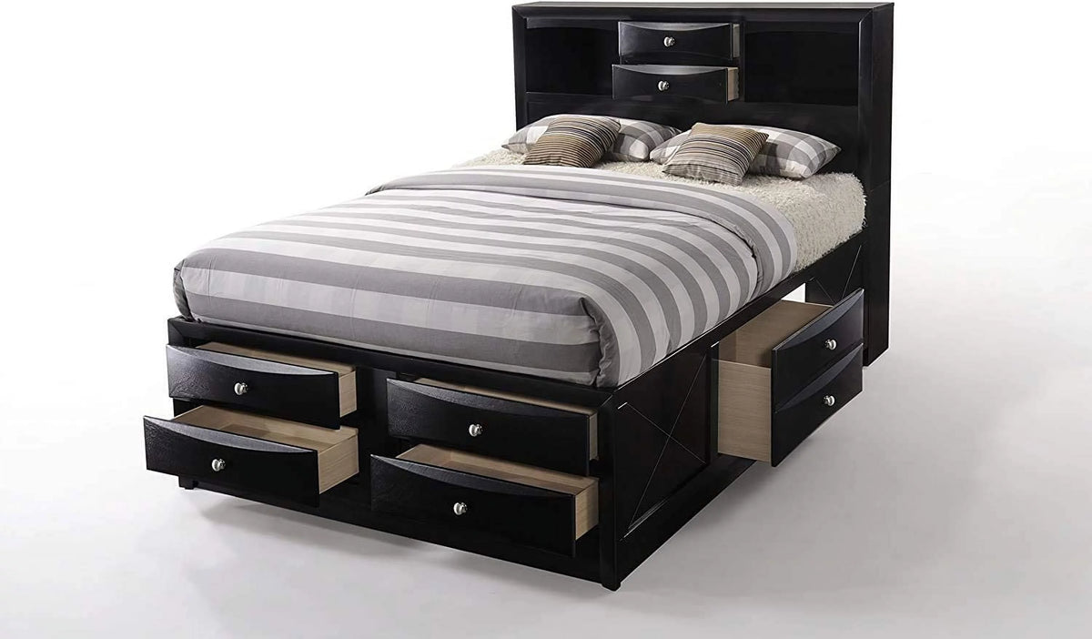 Queen Size Bed with Storage and Headboard Bookcase in Black A401512
