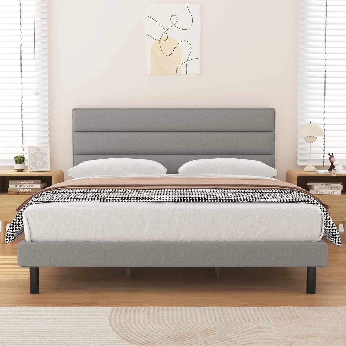 Queen Size Wingback Fabric Upholstered Platform Bed Frame M775