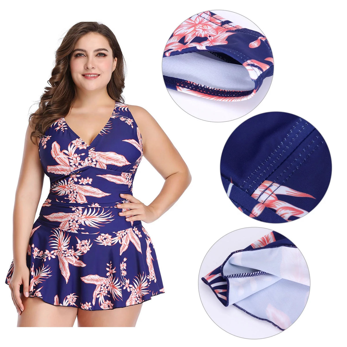 Plus-Size Flower Printing One Piece Swim Dress Tummy Control Swimsuit M141729