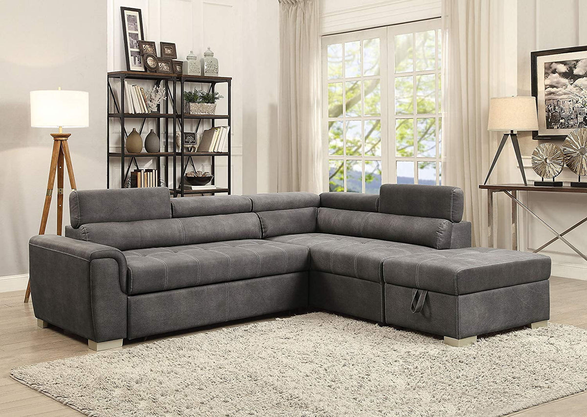 Gray Microfiber Sectional Sleeper Sofa and Ottoman K982